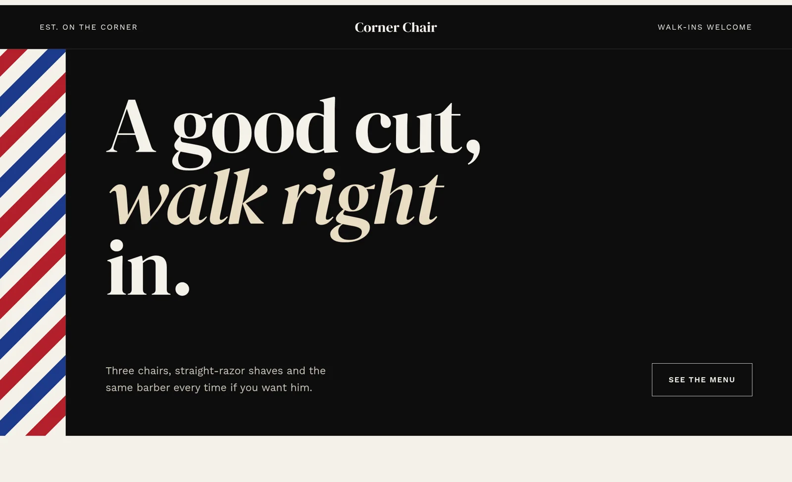 Corner Chair Barbers concept homepage: barber-pole stripe beside a large serif headline.
