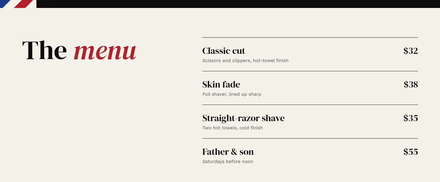Corner Chair Barbers concept, further down the page: the price list set as a menu.