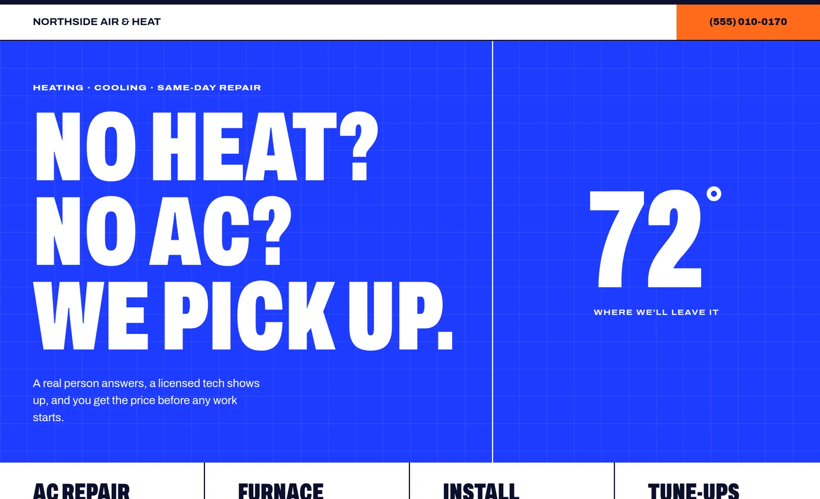 Northside Air & Heat concept homepage: cobalt-blue grid with a condensed headline and a large 72° readout.