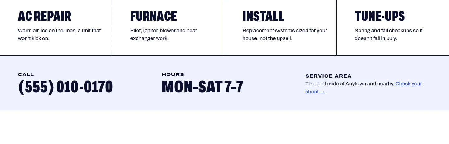 Northside Air & Heat concept, further down the page: service columns and a large phone number.