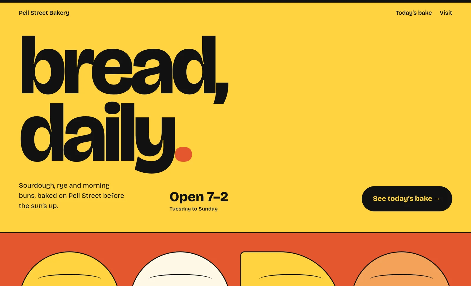 Concept homepage for Pell Street Bakery: the words 'bread, daily.' in huge black type on bright yellow.
