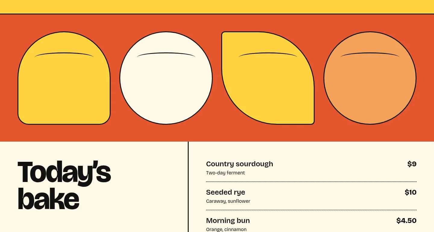 Pell Street Bakery concept, further down the page: loaf shapes above the day’s bake and prices.